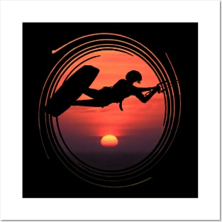 Kiter Silhouette In Black Female Rider Sunset Posters and Art